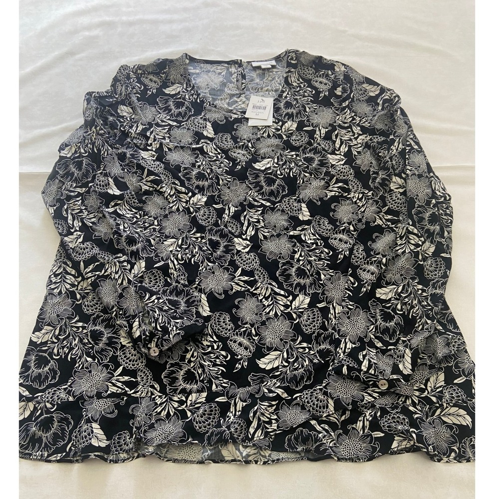 J Jill Black White Floral Print Long Sleeve‎ Blouse Shirt Top Women's Medium NEW